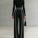 White Trim High-neck Long-sleeved Top With Wide-leg Pants and Belt Set