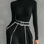 White Trim High-neck Long-sleeved Top With Wide-leg Pants and Belt Set