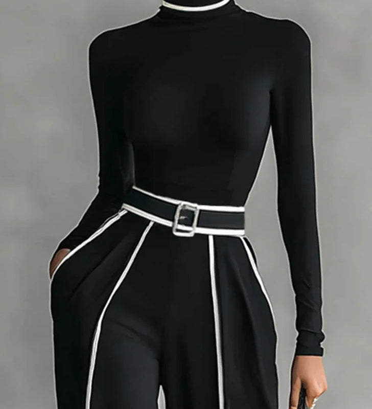 White Trim High-neck Long-sleeved Top With Wide-leg Pants and Belt Set