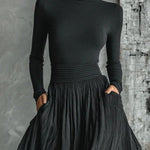 Fashion All Black Skinny Turtleneck T-shirt Pleated Skirt Set