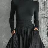 Fashion All Black Skinny Turtleneck T-shirt Pleated Skirt Set