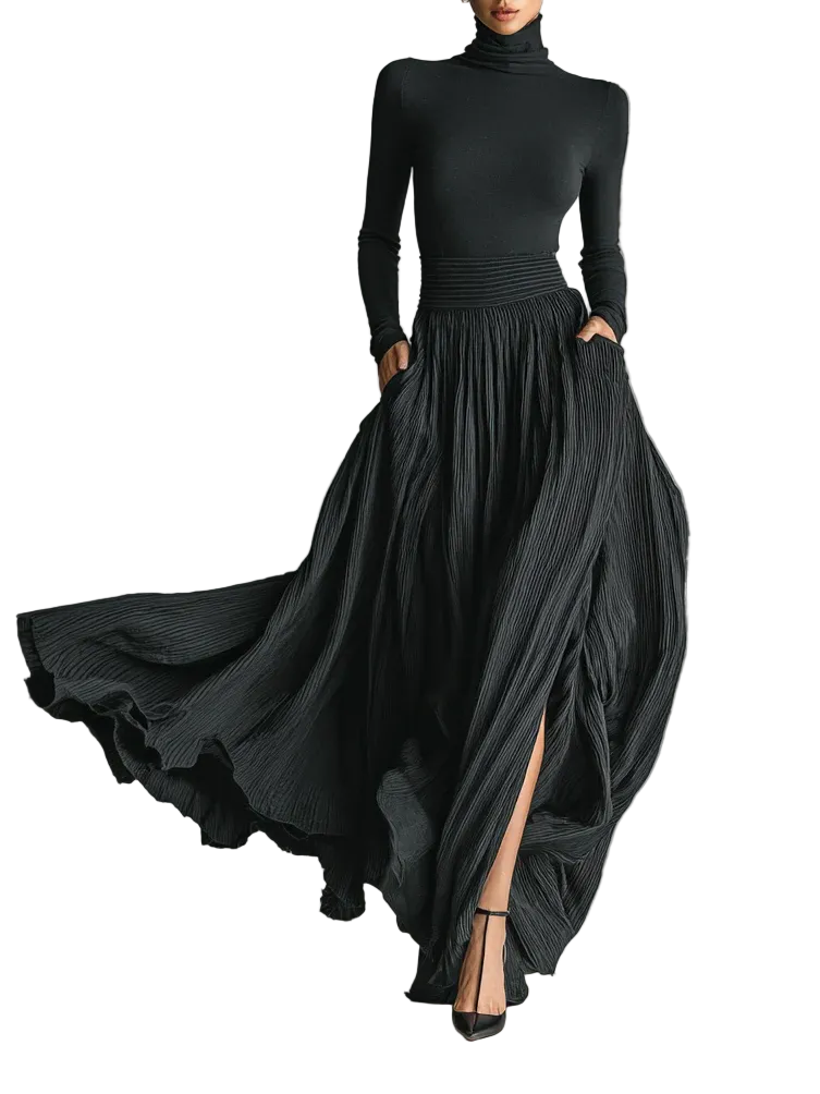 Fashion All Black Skinny Turtleneck T-shirt Pleated Skirt Set