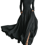 Fashion All Black Skinny Turtleneck T-shirt Pleated Skirt Set