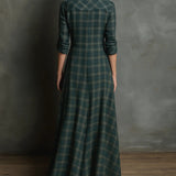 Green Plaid Lapel Single-Breasted Shirt Long Dress