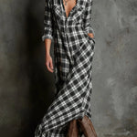 Green Plaid Lapel Single-Breasted Shirt Long Dress