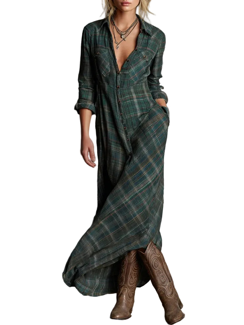 Green Plaid Lapel Single-Breasted Shirt Long Dress