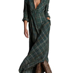 Green Plaid Lapel Single-Breasted Shirt Long Dress