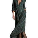 Green Plaid Lapel Single-Breasted Shirt Long Dress