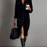 Loose Corduroy Double Chest Pocket Single Breasted Midi Dress