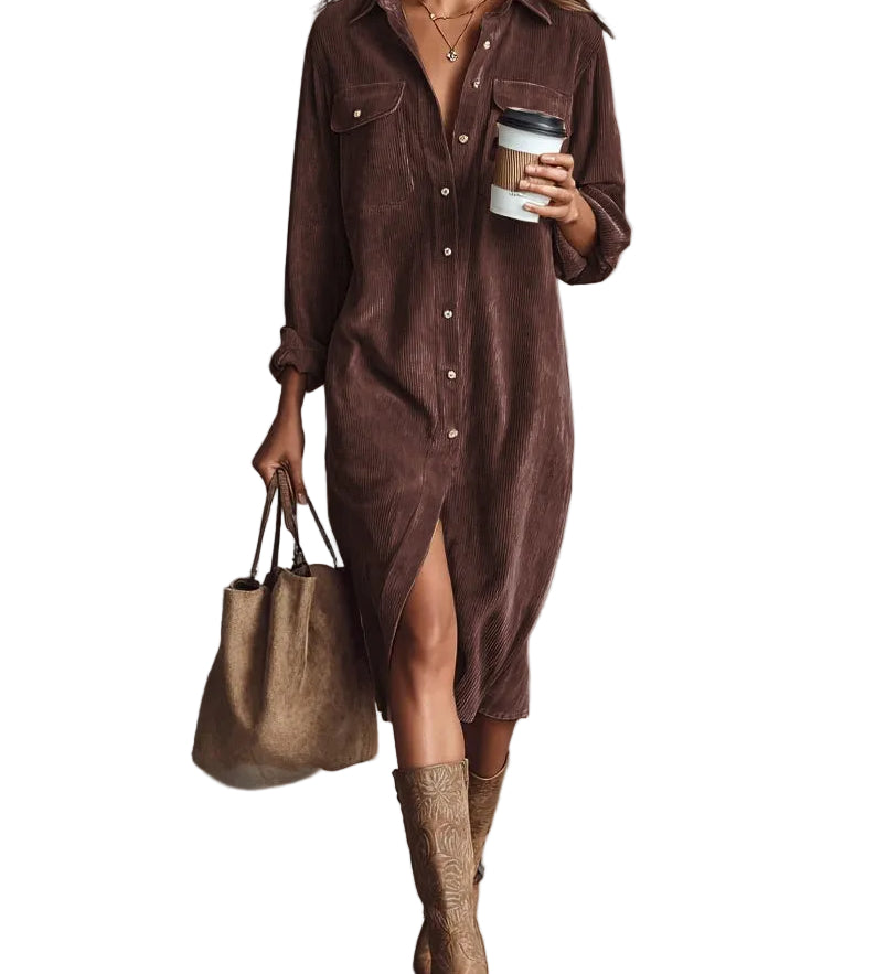Loose Corduroy Double Chest Pocket Single Breasted Midi Dress