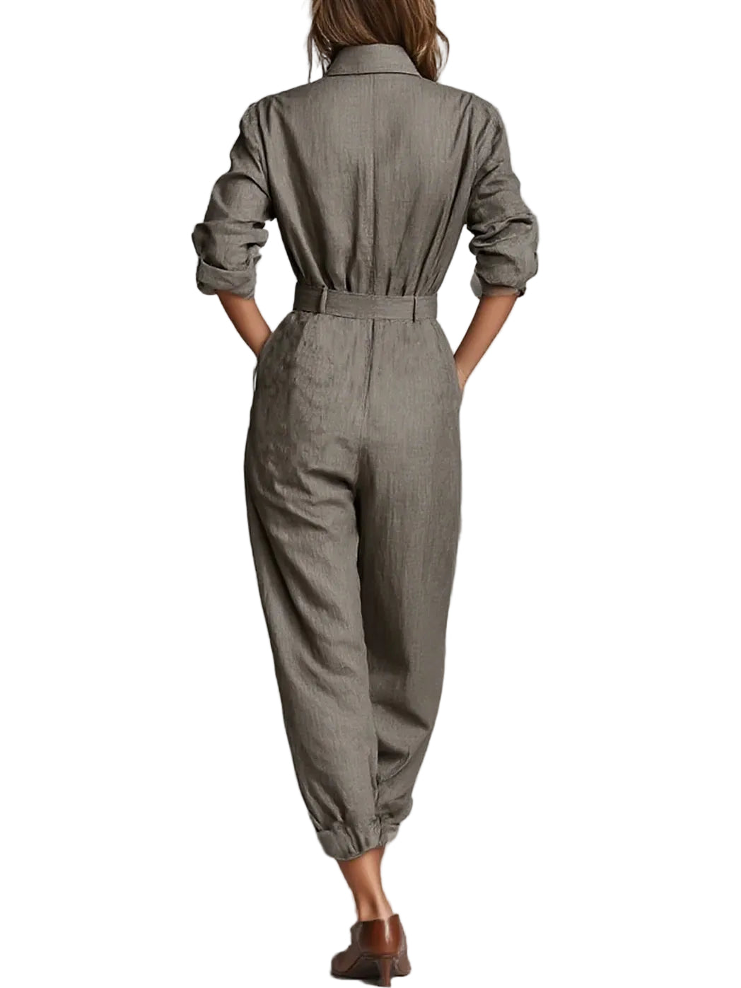 Cotton And Linen Blended Long Sleeve Shirt Jumpsuit