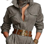 Cotton And Linen Blended Long Sleeve Shirt Jumpsuit