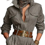 Cotton And Linen Blended Long Sleeve Shirt Jumpsuit