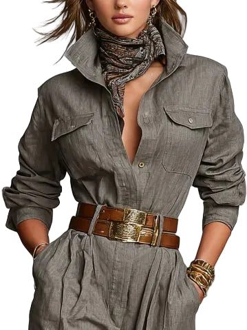 Cotton And Linen Blended Long Sleeve Shirt Jumpsuit