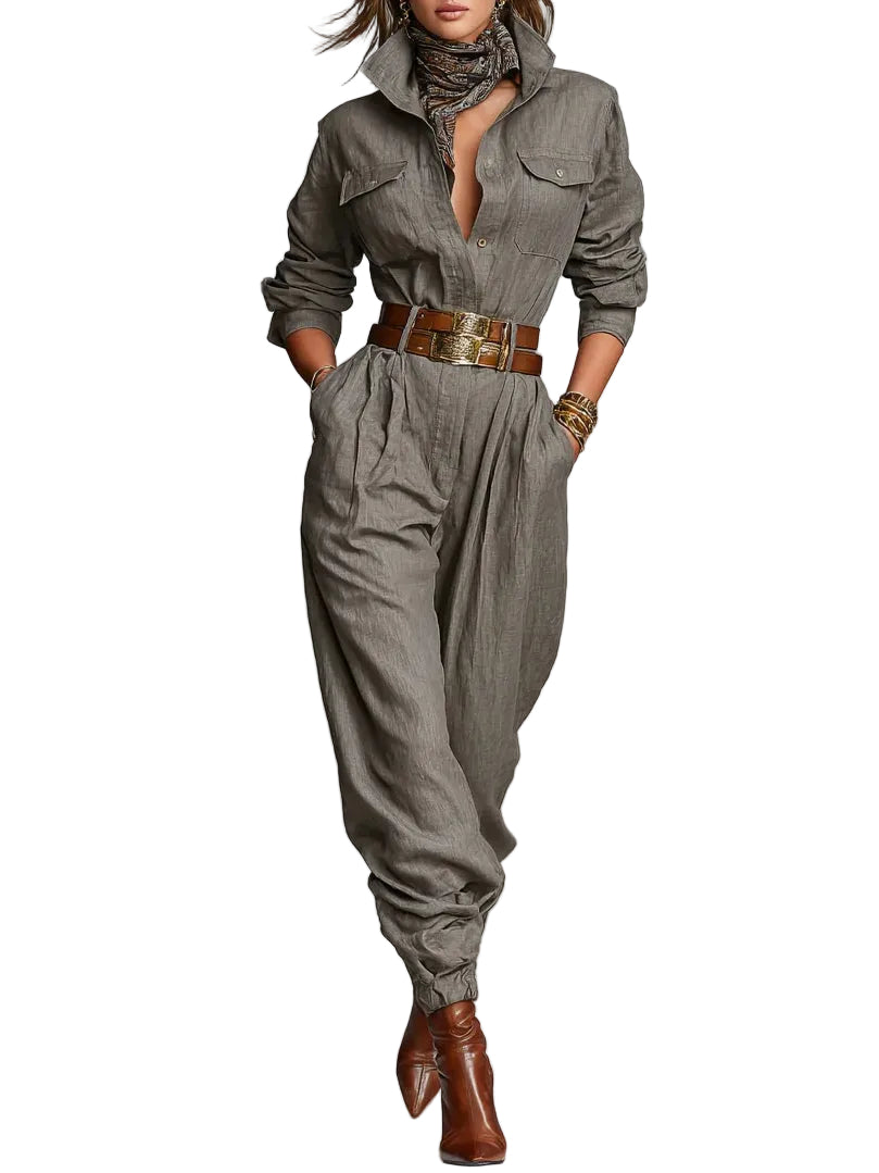 Cotton And Linen Blended Long Sleeve Shirt Jumpsuit