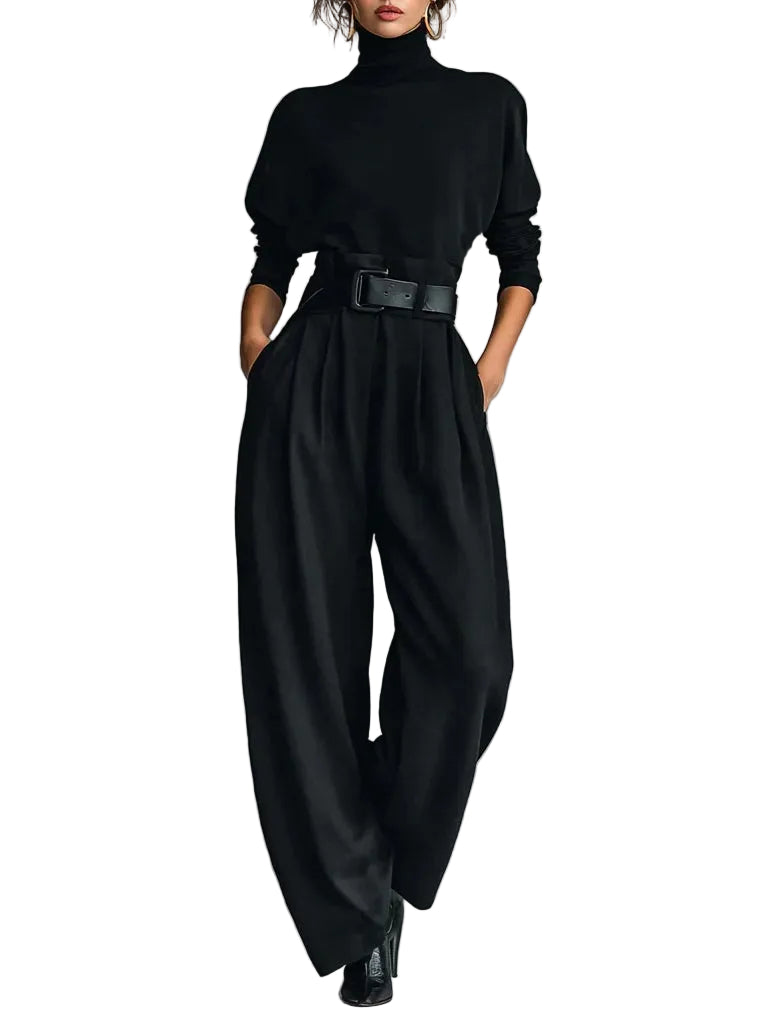 All-black Turtleneck Long-sleeved T-shirt And Straight-leg Pants Two-piece Set (including Belt)