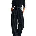 All-black Turtleneck Long-sleeved T-shirt And Straight-leg Pants Two-piece Set (including Belt)