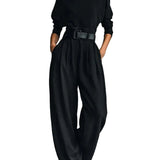 All-black Turtleneck Long-sleeved T-shirt And Straight-leg Pants Two-piece Set (including Belt)