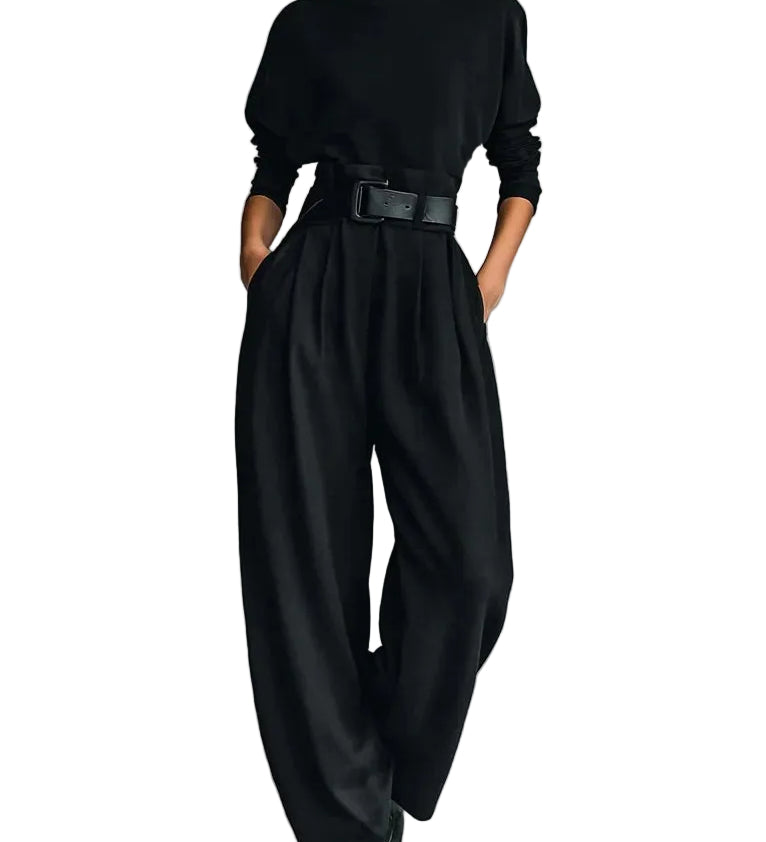 All-black Turtleneck Long-sleeved T-shirt And Straight-leg Pants Two-piece Set (including Belt)