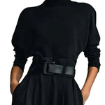 All-black Turtleneck Long-sleeved T-shirt And Straight-leg Pants Two-piece Set (including Belt)