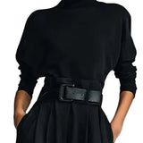 All-black Turtleneck Long-sleeved T-shirt And Straight-leg Pants Two-piece Set (including Belt)
