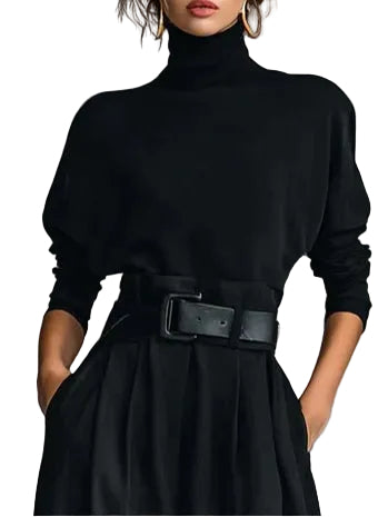 All-black Turtleneck Long-sleeved T-shirt And Straight-leg Pants Two-piece Set (including Belt)