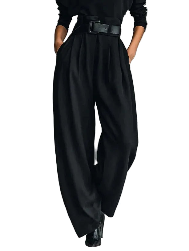 All-black Turtleneck Long-sleeved T-shirt And Straight-leg Pants Two-piece Set (including Belt)