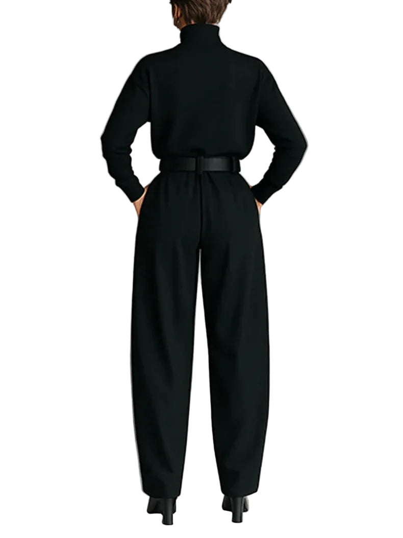 All-black Turtleneck Long-sleeved T-shirt And Straight-leg Pants Two-piece Set (including Belt)
