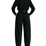 All-black Turtleneck Long-sleeved T-shirt And Straight-leg Pants Two-piece Set (including Belt)