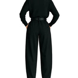 All-black Turtleneck Long-sleeved T-shirt And Straight-leg Pants Two-piece Set (including Belt)