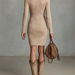 Beige Slim Suede Neck Floral Lapel Midi Dress