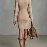 Beige Slim Suede Neck Floral Lapel Midi Dress