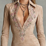 Beige Slim Suede Neck Floral Lapel Midi Dress