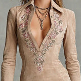 Beige Slim Suede Neck Floral Lapel Midi Dress