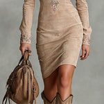 Beige Slim Suede Neck Floral Lapel Midi Dress