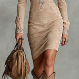Beige Slim Suede Neck Floral Lapel Midi Dress