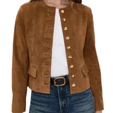 Brown Suede Single-breasted Cropped Jacket