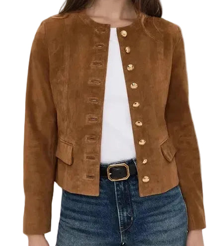 Brown Suede Single-breasted Cropped Jacket