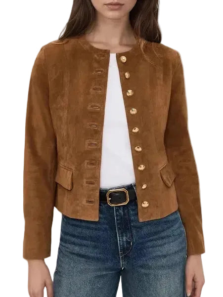 Brown Suede Single-breasted Cropped Jacket