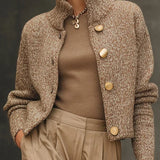 Camel Turtleneck Button-Down Cardigan Sweater