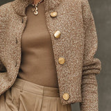 Camel Turtleneck Button-Down Cardigan Sweater