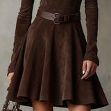 Vintage Dark Brown Suede Mock Neck Mini Dress