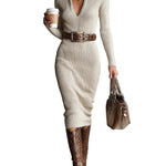 Slim Fit Half Turtleneck V-Neck Long Sleeve Knitted Belted Midi Dress（with belt）