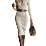 Slim Fit Half Turtleneck V-Neck Long Sleeve Knitted Belted Midi Dress（with belt）