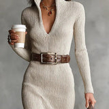Slim Fit Half Turtleneck V-Neck Long Sleeve Knitted Belted Midi Dress（with belt）