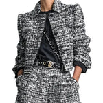 Tweed Print Blend Single-Breasted Cropped Jacket And Wide-Leg Pants Set