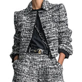 Tweed Print Blend Single-Breasted Cropped Jacket And Wide-Leg Pants Set