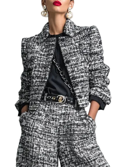 Tweed Print Blend Single-Breasted Cropped Jacket And Wide-Leg Pants Set