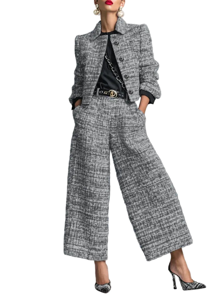 Tweed Print Blend Single-Breasted Cropped Jacket And Wide-Leg Pants Set