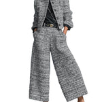 Tweed Print Blend Single-Breasted Cropped Jacket And Wide-Leg Pants Set